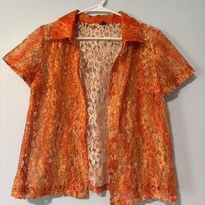 Vintage Bright Orange Floral Lace Button-Down Top
